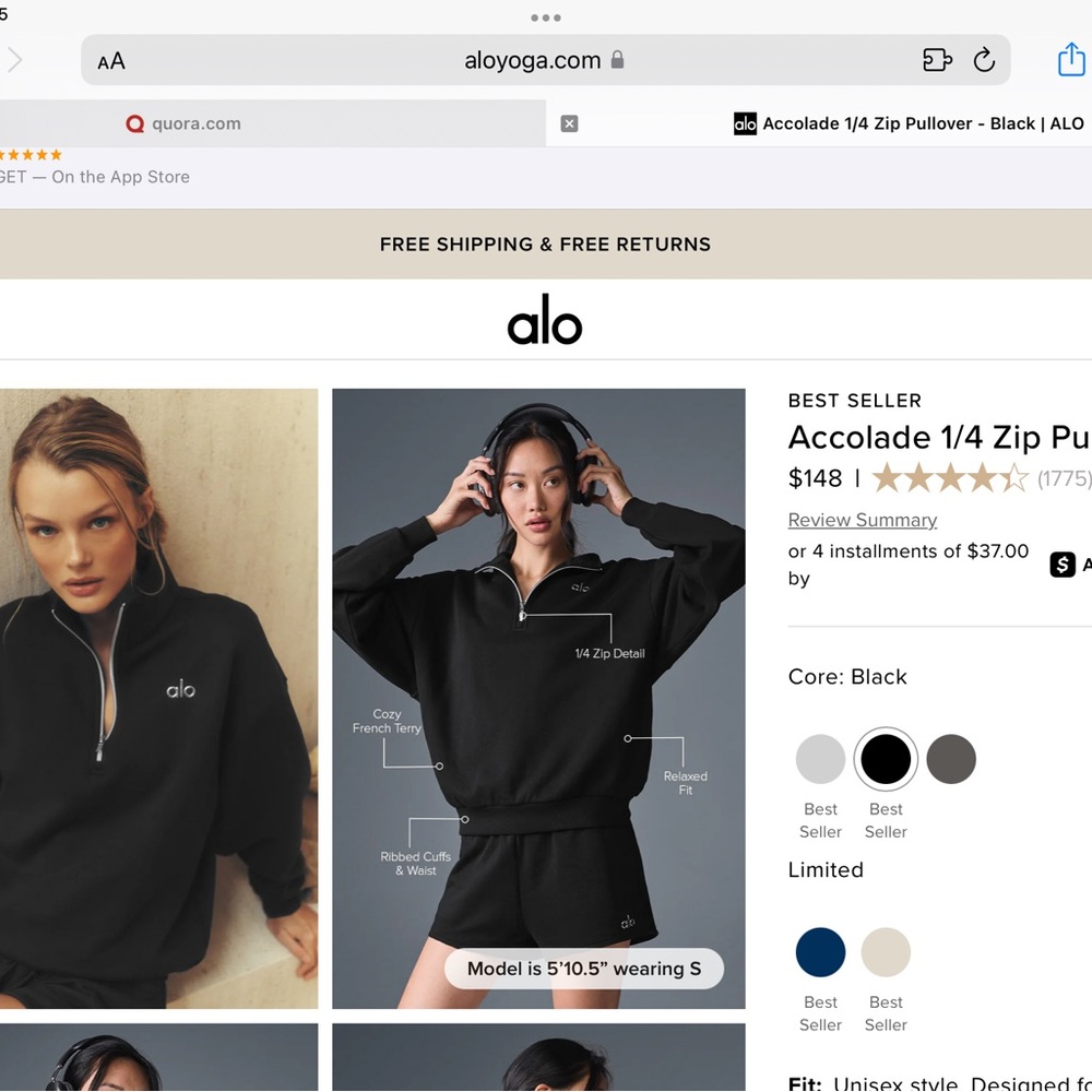 Alo Accolade 1/4 Quarter Zip Pullover NWT